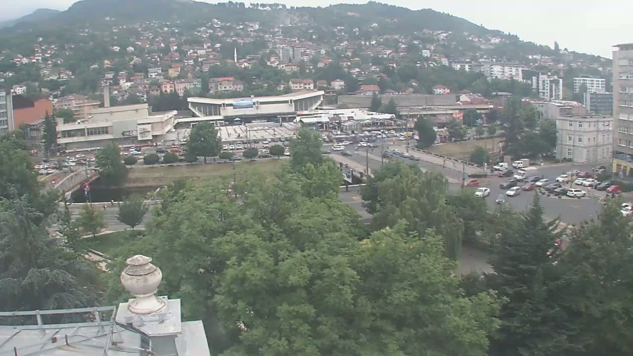 An overcast day reveals a city scene with a large building complex, a river, a bridge, and numerous vehicles at an intersection, all surrounded by lush green trees and nestled against a hillside of houses.