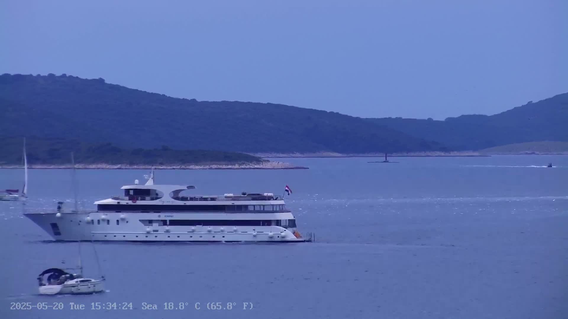 A large white passenger ship sails on a calm sea near a distant shoreline under a clear sky.