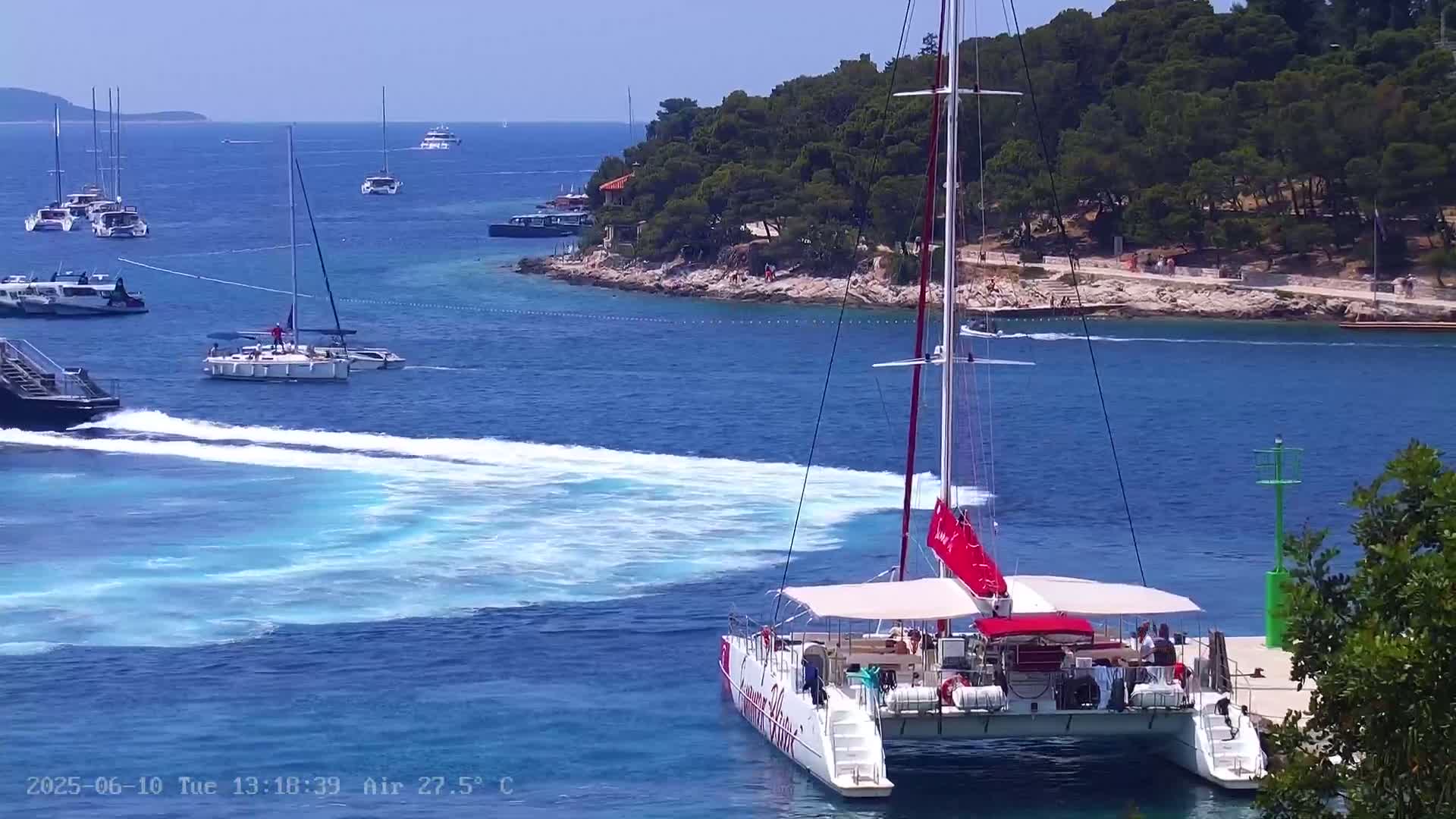 A large catamaran approaches a dock in a calm, sunny bay, surrounded by other boats and a verdant shoreline.