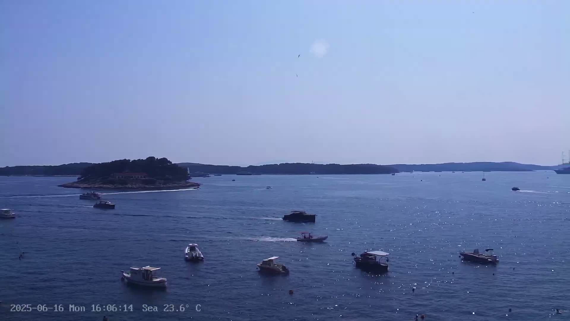 Numerous small boats are scattered across a calm, blue sea on a clear, sunny day, with a small island in the mid-ground and a distant shoreline.