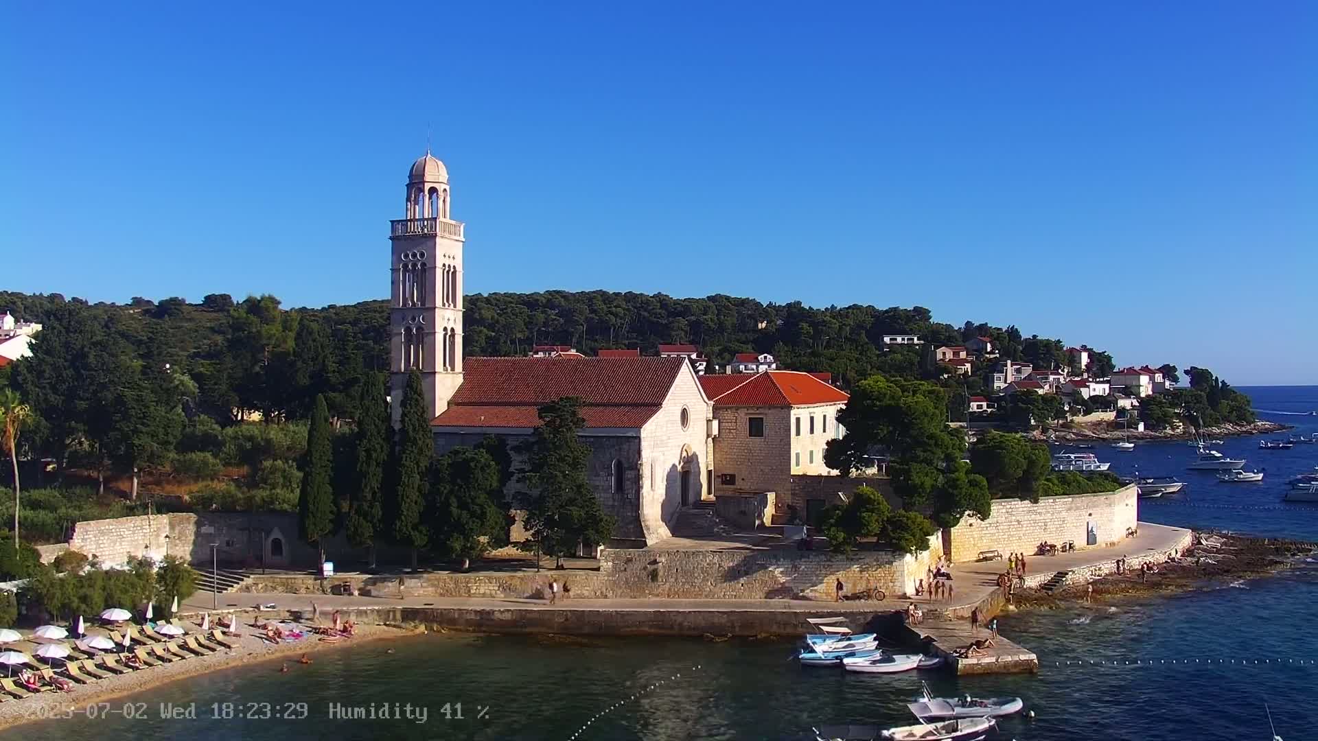 Dalmatia, Hvar Town  & Adriatic Coast Beach Kriza Panaromic Live Cam - Hvar, Grad Hvar, Split-Dalmatia, Croatia