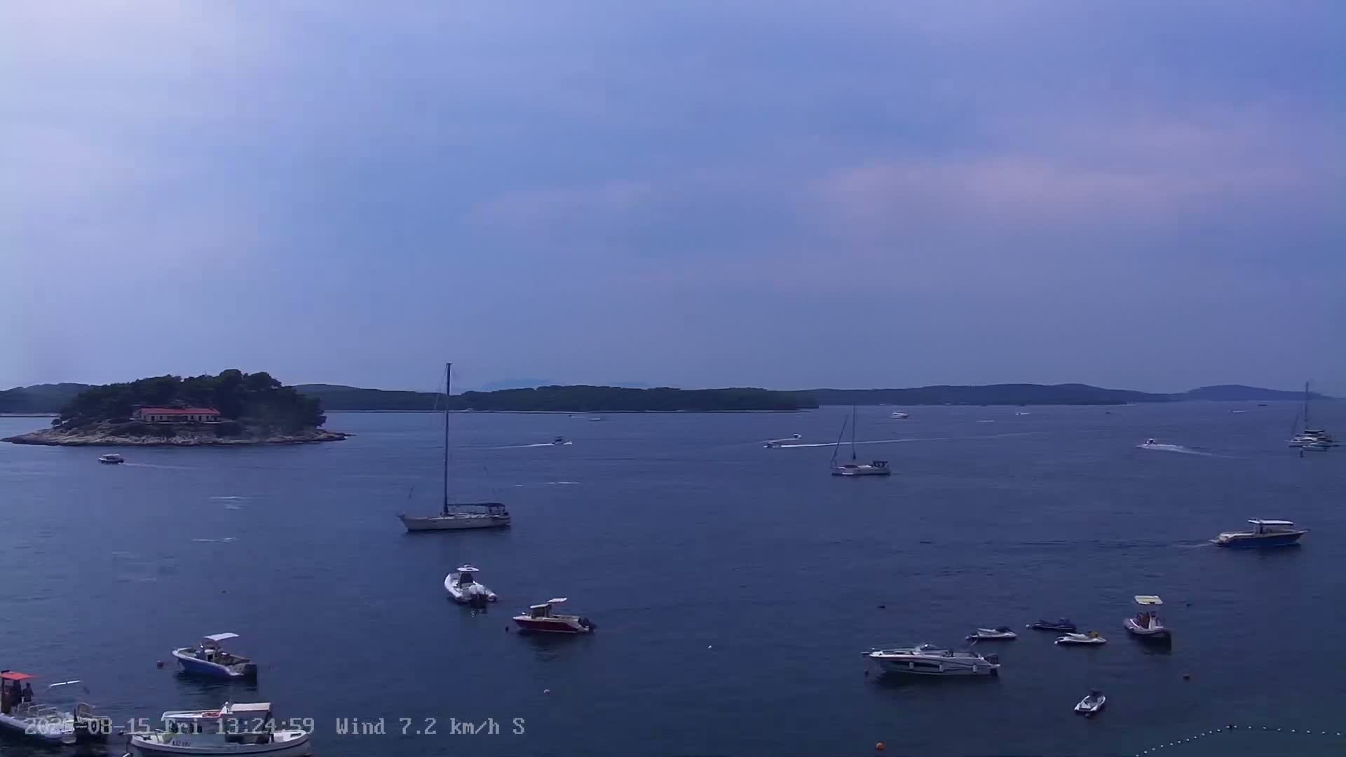 Several boats and yachts are anchored in a calm, clear blue sea near a small, wooded island on a sunny day.