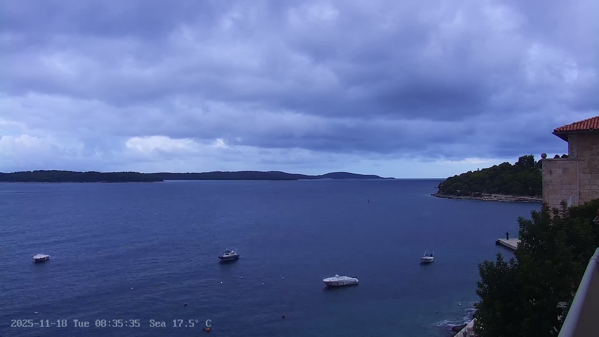 Several boats and yachts are anchored in a calm, clear blue sea near a small, wooded island on a sunny day.