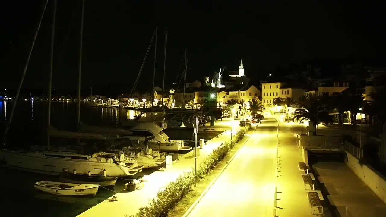 A nighttime view of a harbor town's waterfront, illuminated by streetlights, showing boats docked along a paved walkway lined with shrubs and benches.