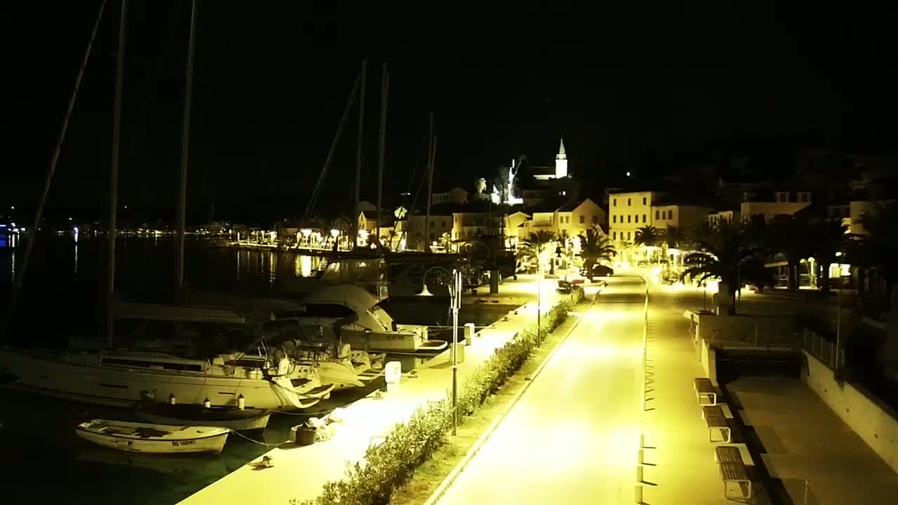 A nighttime view of a harbor town's waterfront, illuminated by streetlights, features sailboats docked alongside a paved walkway lined with shrubs and benches, and buildings on a slight hill in the background.