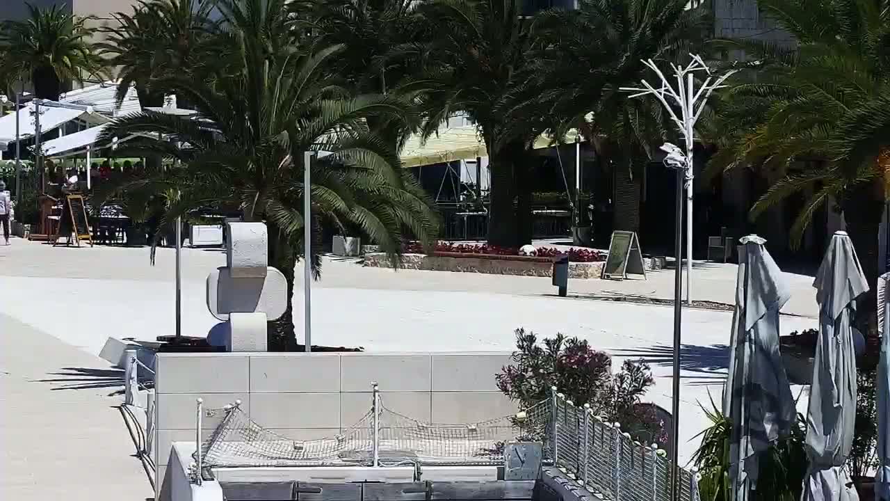A sunny outdoor plaza features palm trees, outdoor seating areas, and a modern, abstract sculpture.