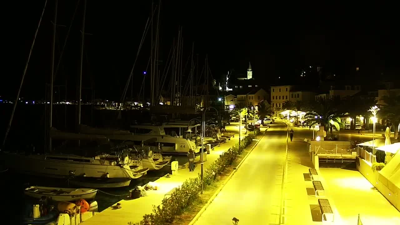 A nighttime view of a marina with sailboats docked, a paved waterfront walkway lined with lights and palm trees leading to a village of buildings.
