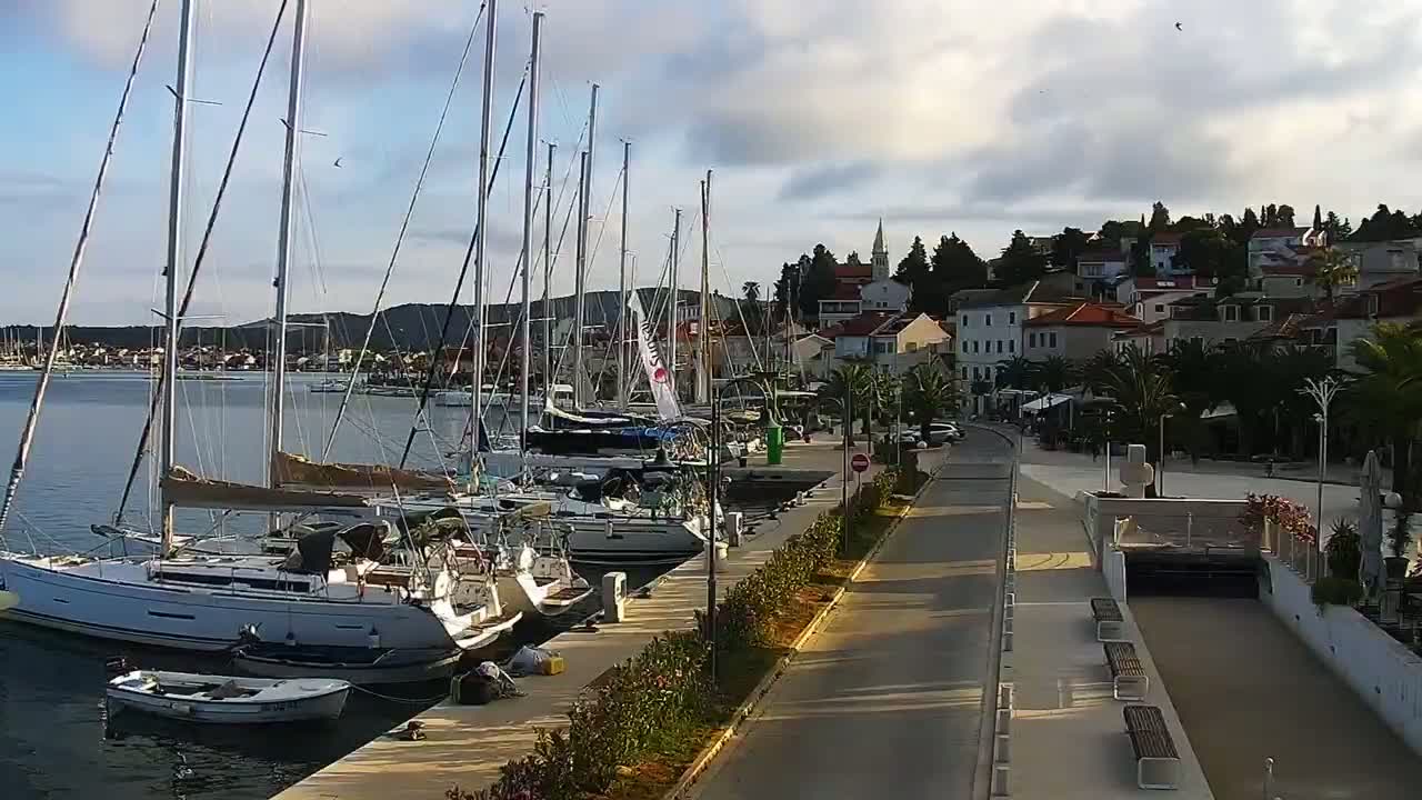 Numerous sailboats are docked at a marina next to a waterfront town under a partly cloudy sky.