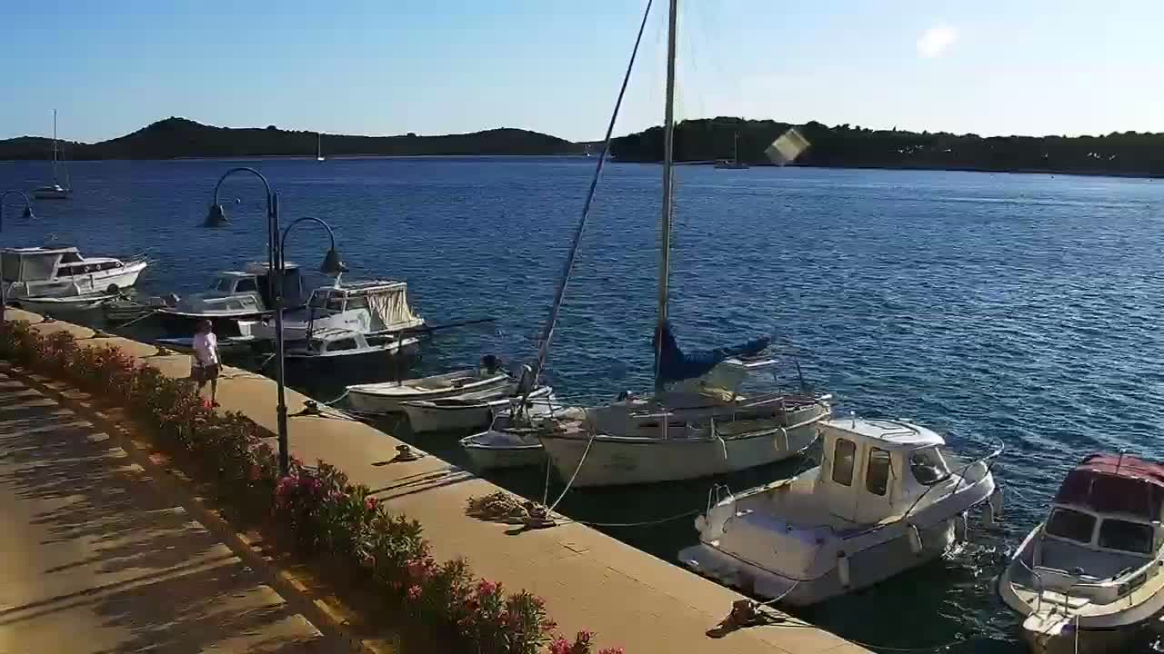 Several motorboats and sailboats are moored at a dock on a calm, sunny day, with a person walking along the dock.