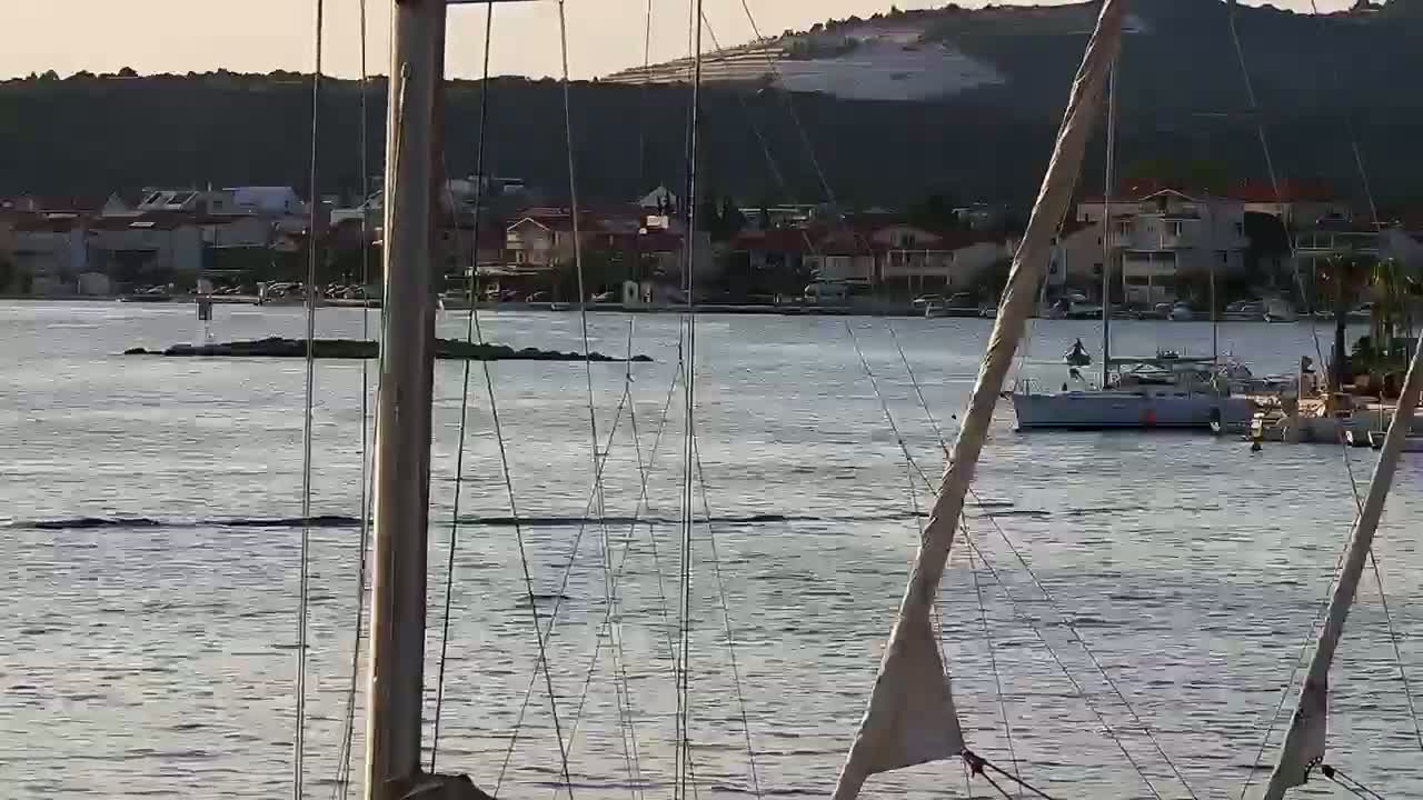 A sailboat is moored in calm water near a shoreline with houses, viewed from behind the masts of other sailboats.