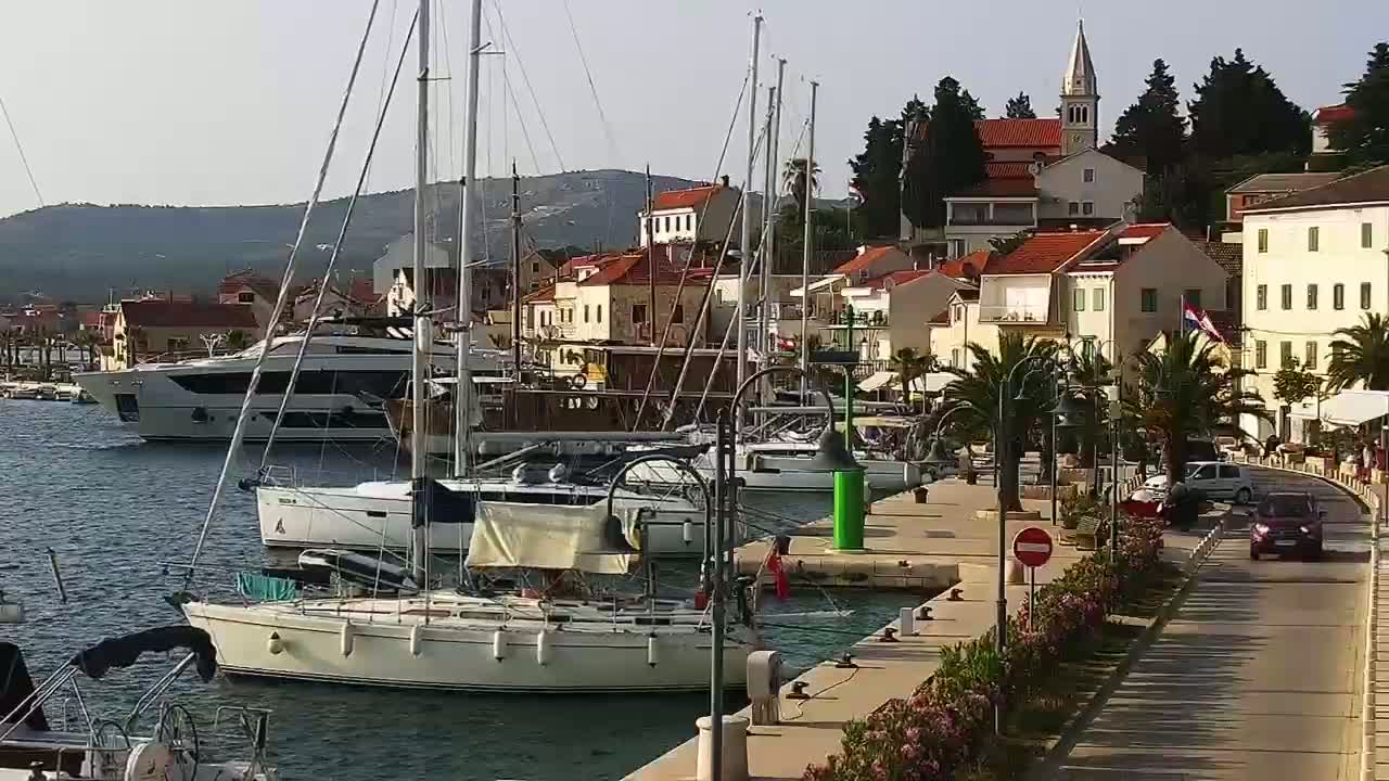 Several sailboats and a large yacht are moored in a harbor next to a waterfront promenade lined with palm trees and buildings in a sunny, calm setting.