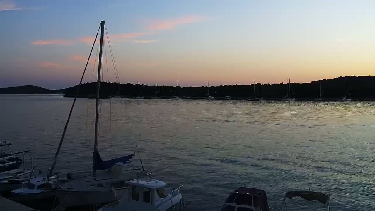 Several sailboats are moored in calm water at sunset, with a line of dark trees visible in the distance under a pale pink sky.