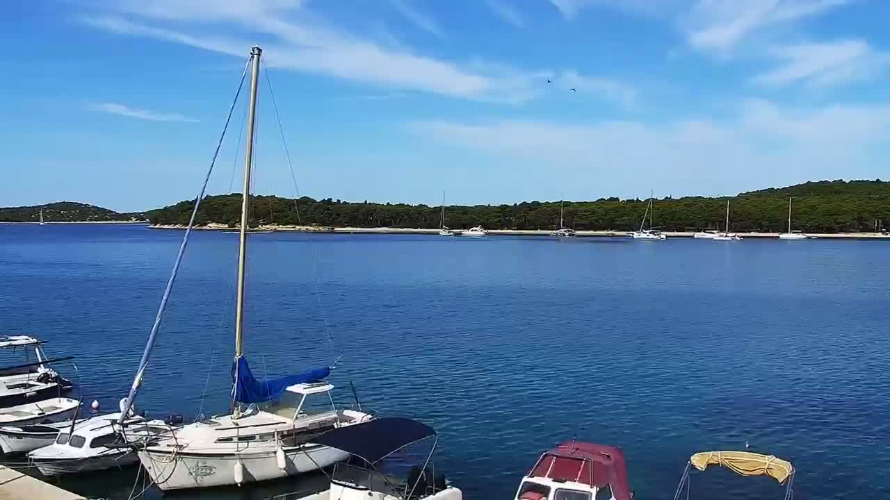 Several sailboats and motorboats are moored in a calm, blue bay under a mostly sunny sky, with a wooded shoreline in the background.