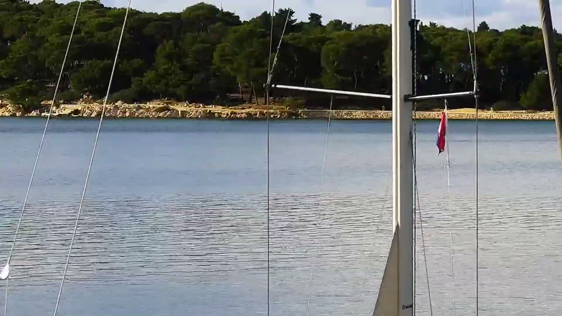 From a sailboat on a partly cloudy day, the view captures the mast and a red, white, and blue flag in the foreground, with lightly rippled blue water extending to a tree-covered, rocky shoreline under a bright sky.