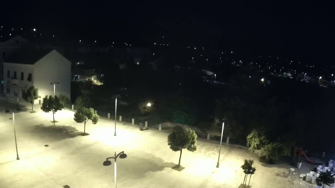 An empty, brightly lit plaza at night, surrounded by trees and buildings, overlooks a dark, tree-lined area with distant lights.