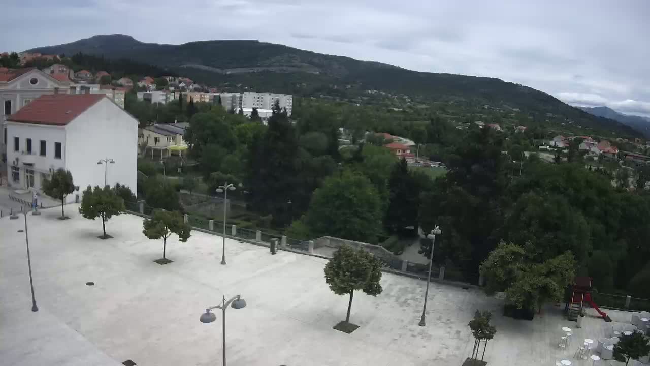 An overcast day reveals a town square with sparsely planted trees, overlooked by buildings and a verdant hillside.