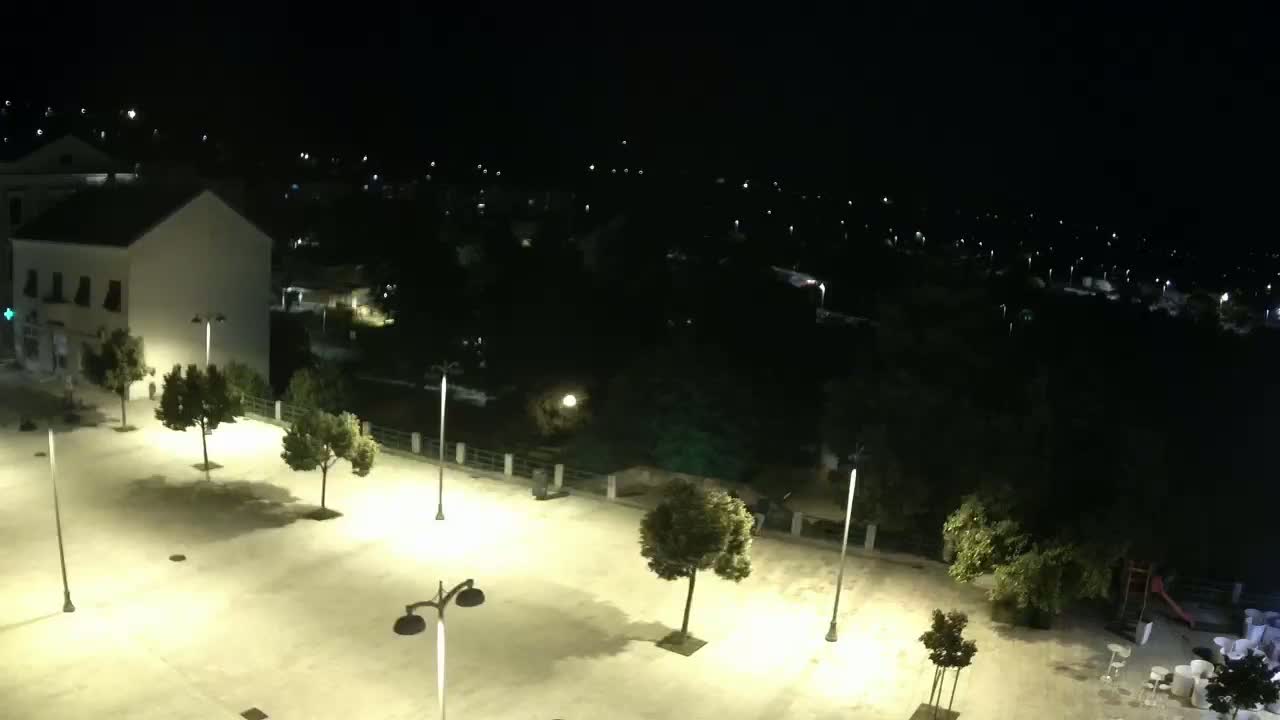 An empty, brightly lit plaza at night, with several small trees and a building in the background, overlooks a dark town under a clear sky.