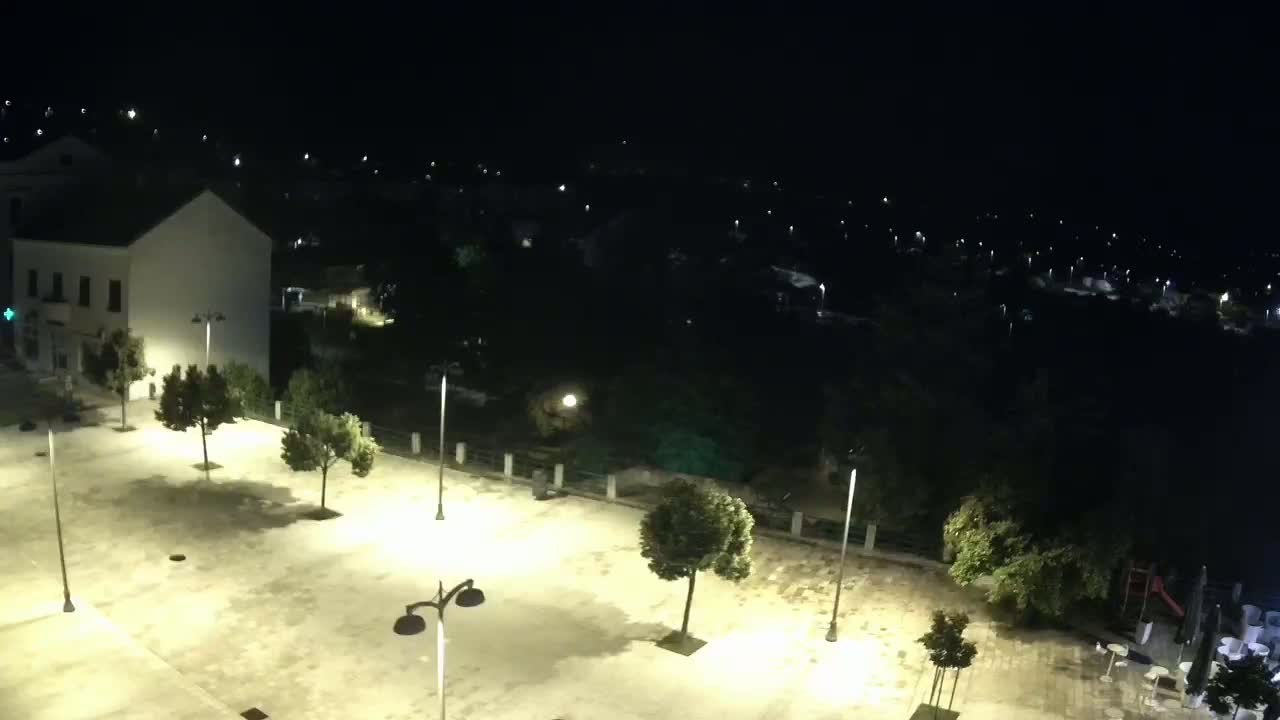 A nighttime aerial view of an empty plaza with several trees and lampposts, overlooking a dark body of water and a dimly lit town.