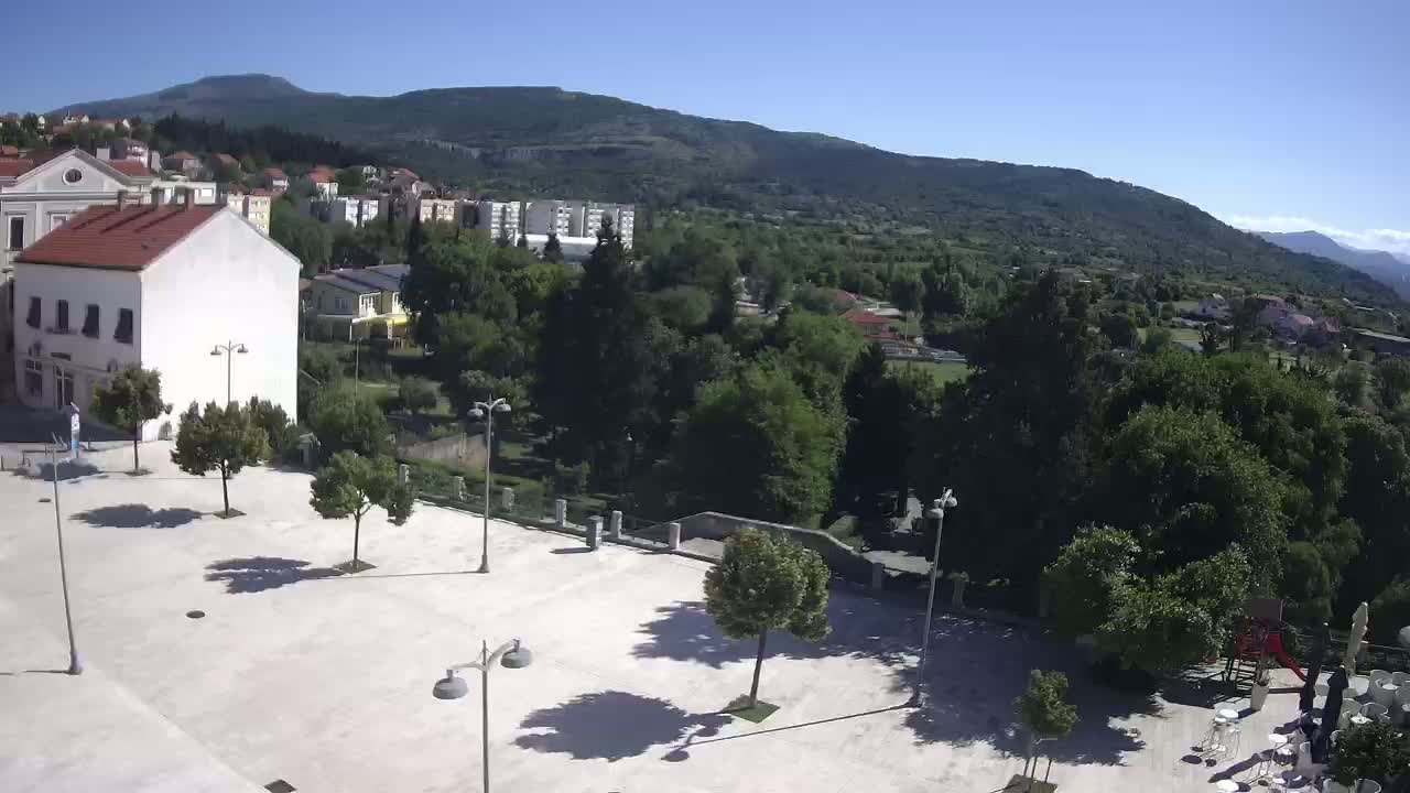 A sunny view of a town square with several trees, buildings, and a mountain in the background.