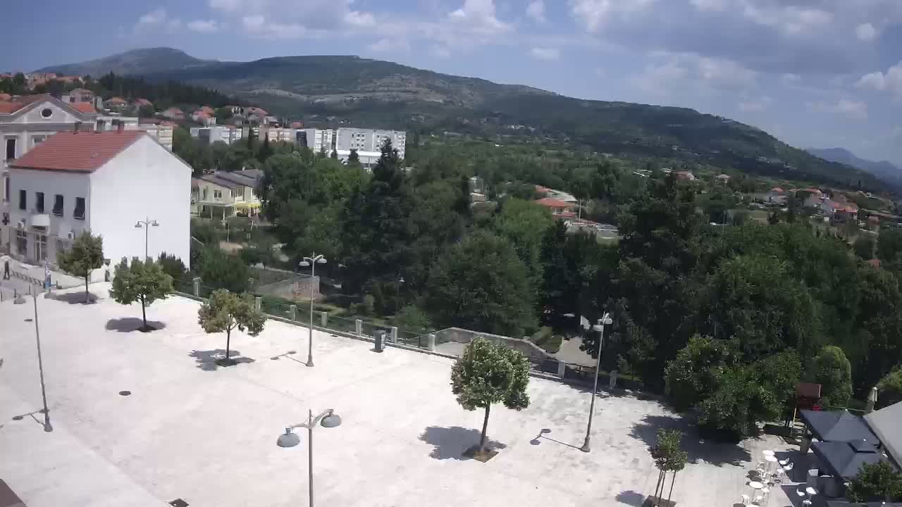 A mostly sunny day reveals a town square with several trees and buildings, all situated at the base of a mountain range.