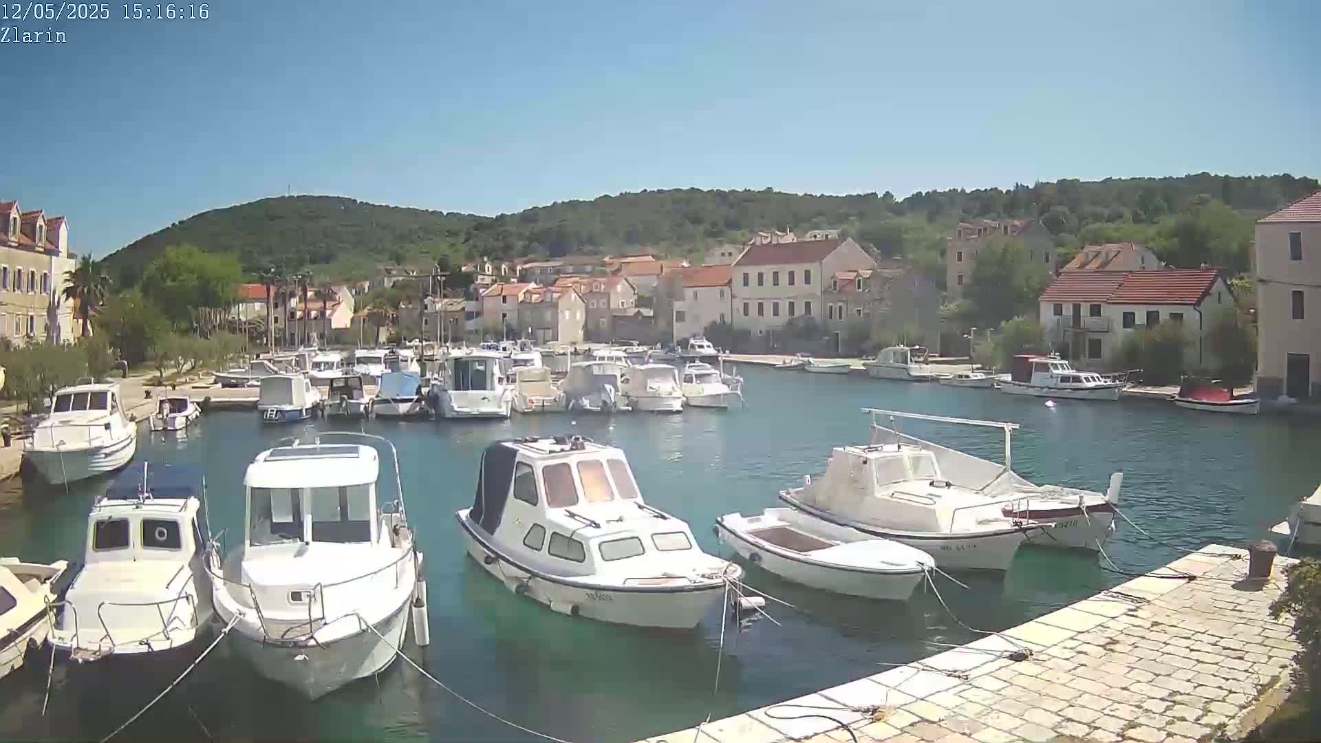A harbor filled with numerous boats is nestled against a hillside town under a clear, sunny sky.