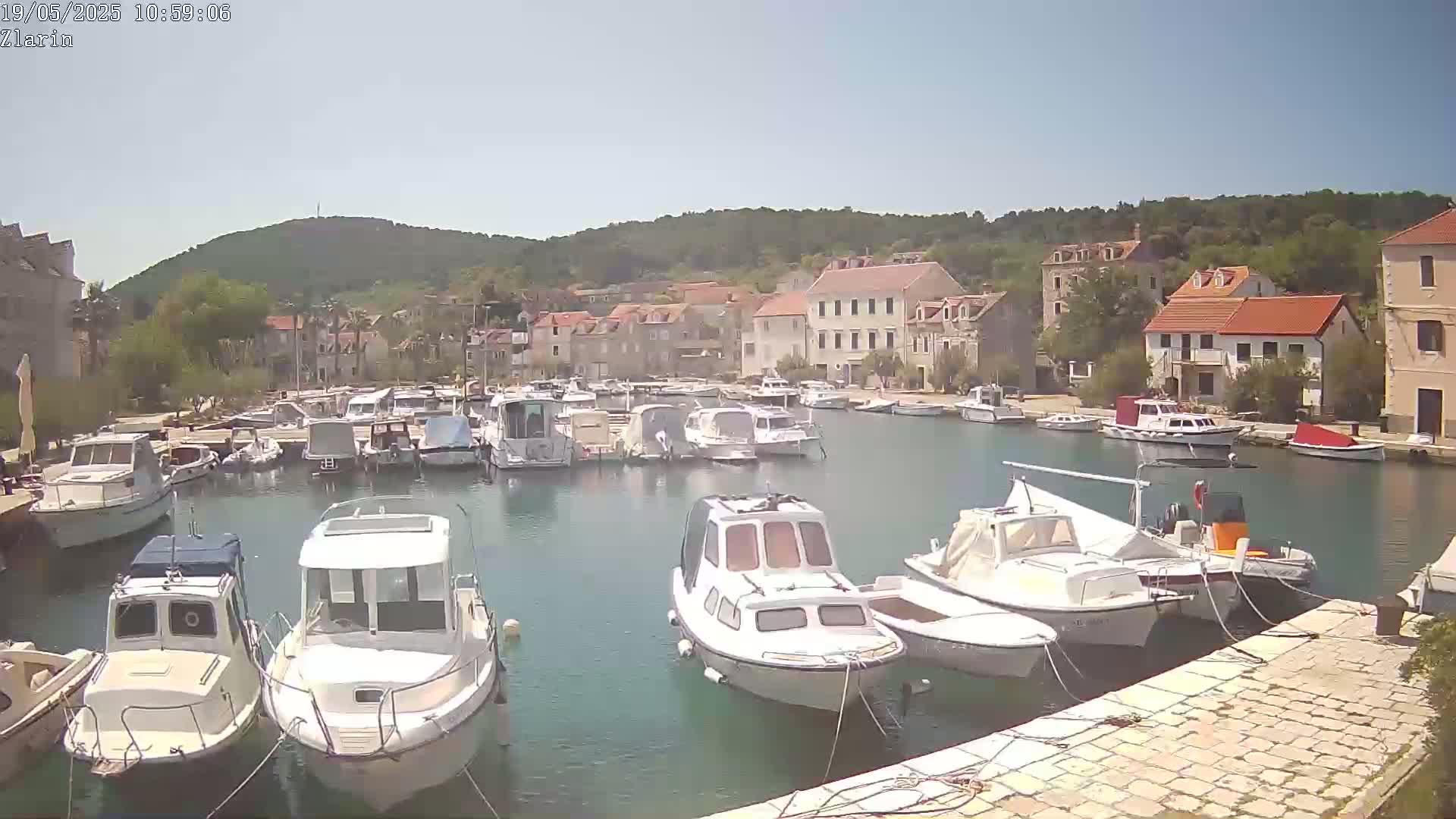A harbor filled with numerous boats is nestled against a hillside village under a clear, sunny sky.
