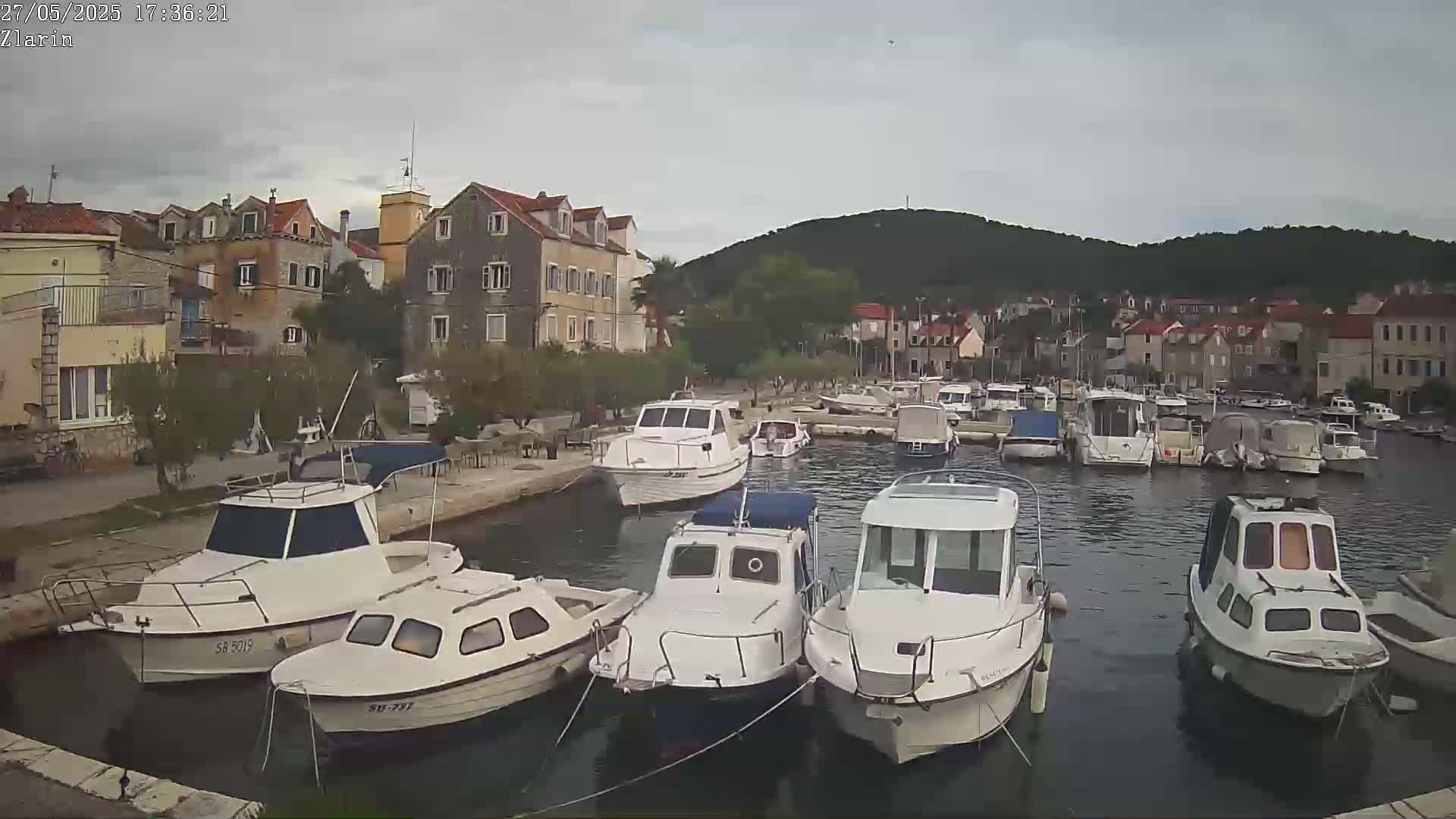 Several white motorboats are moored in a calm harbor next to a waterfront town under an overcast sky.