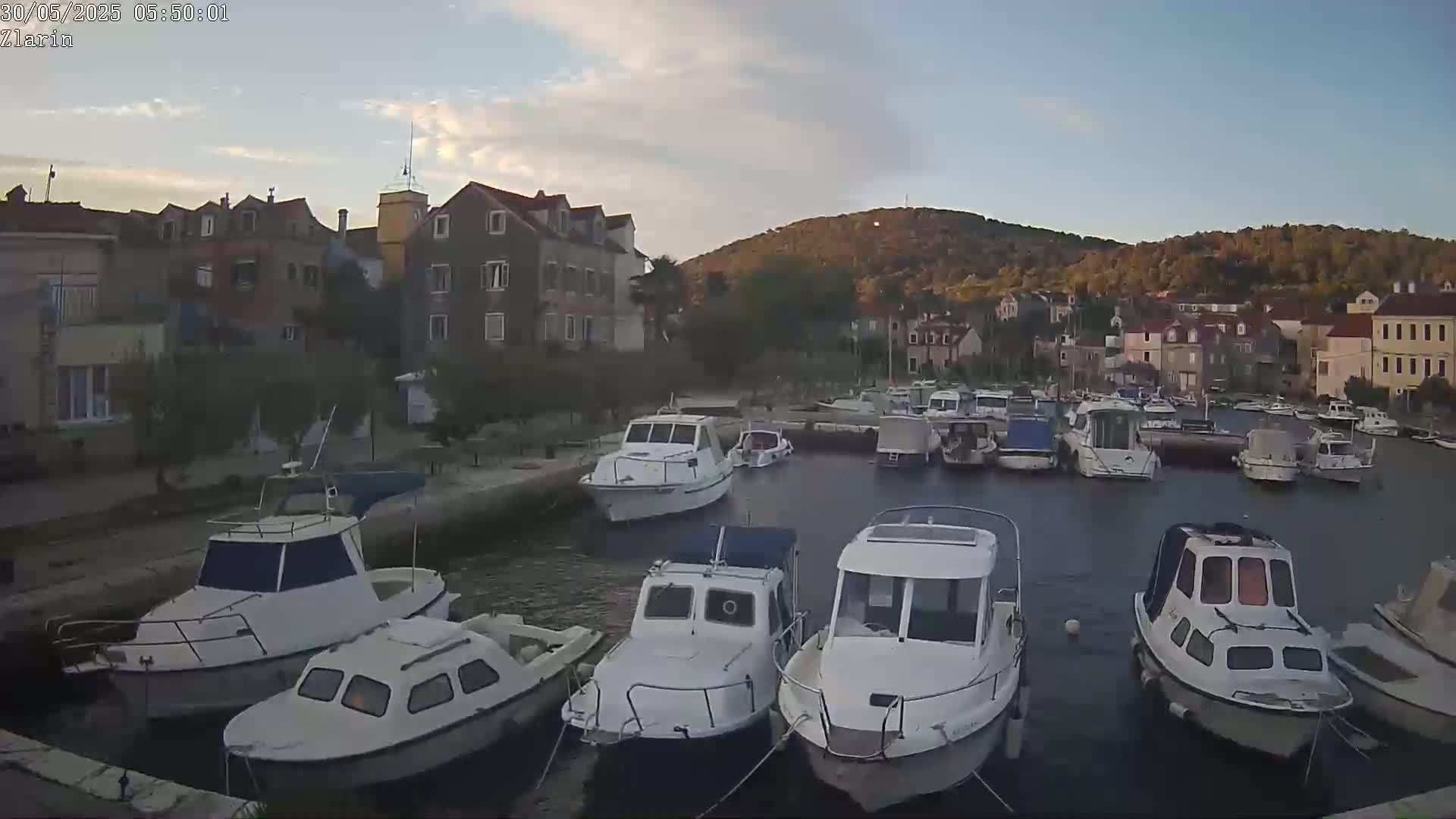 Many white motorboats are moored in a calm harbor next to a small town nestled below a hill, under a mostly clear sky at dawn.
