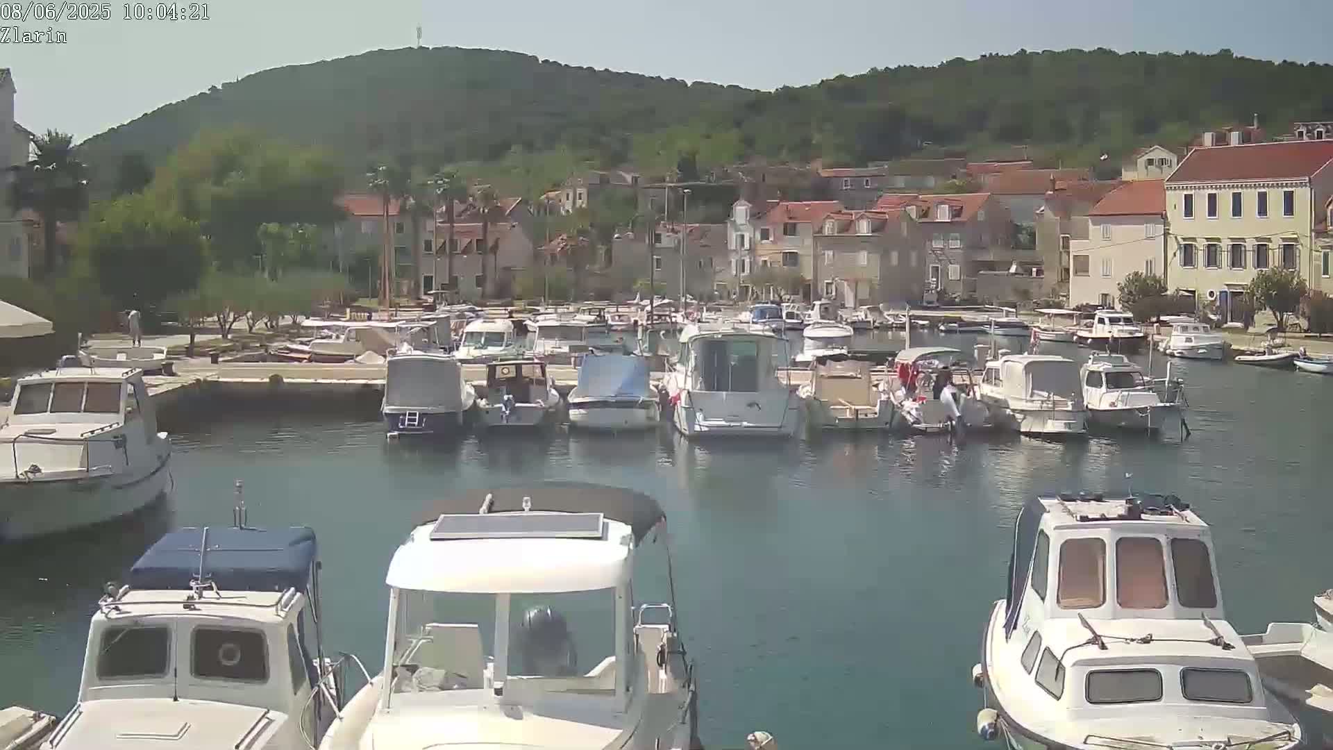 A harbor filled with numerous boats is nestled next to a village situated against a hillside under a sunny sky.