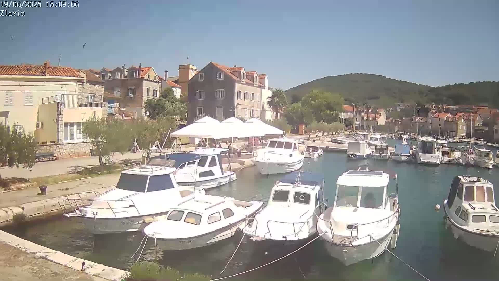 Several white motorboats are docked in a calm harbor next to a small village under a clear, sunny sky.