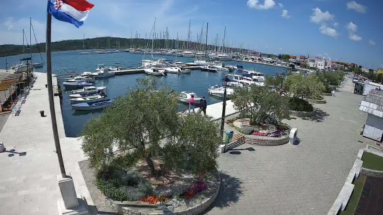 A marina filled with sailboats and motorboats on a sunny day, with a paved waterfront area featuring landscaping and a Croatian flag.