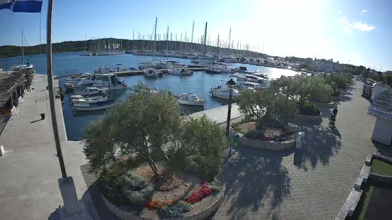 A marina filled with sailboats and motorboats is seen from above on a sunny day, with a paved walkway and landscaping bordering the water.