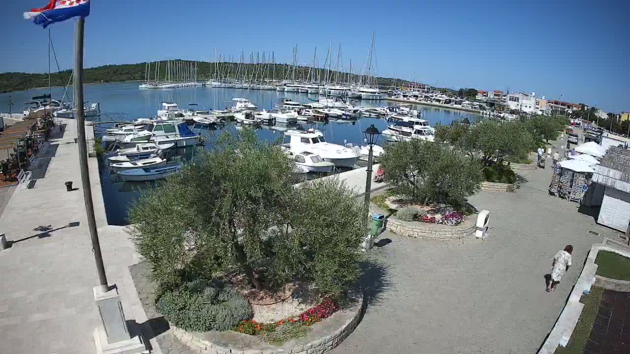 A marina filled with sailboats and motorboats is bordered by a paved walkway with landscaped areas and small shops under a clear, sunny sky.
