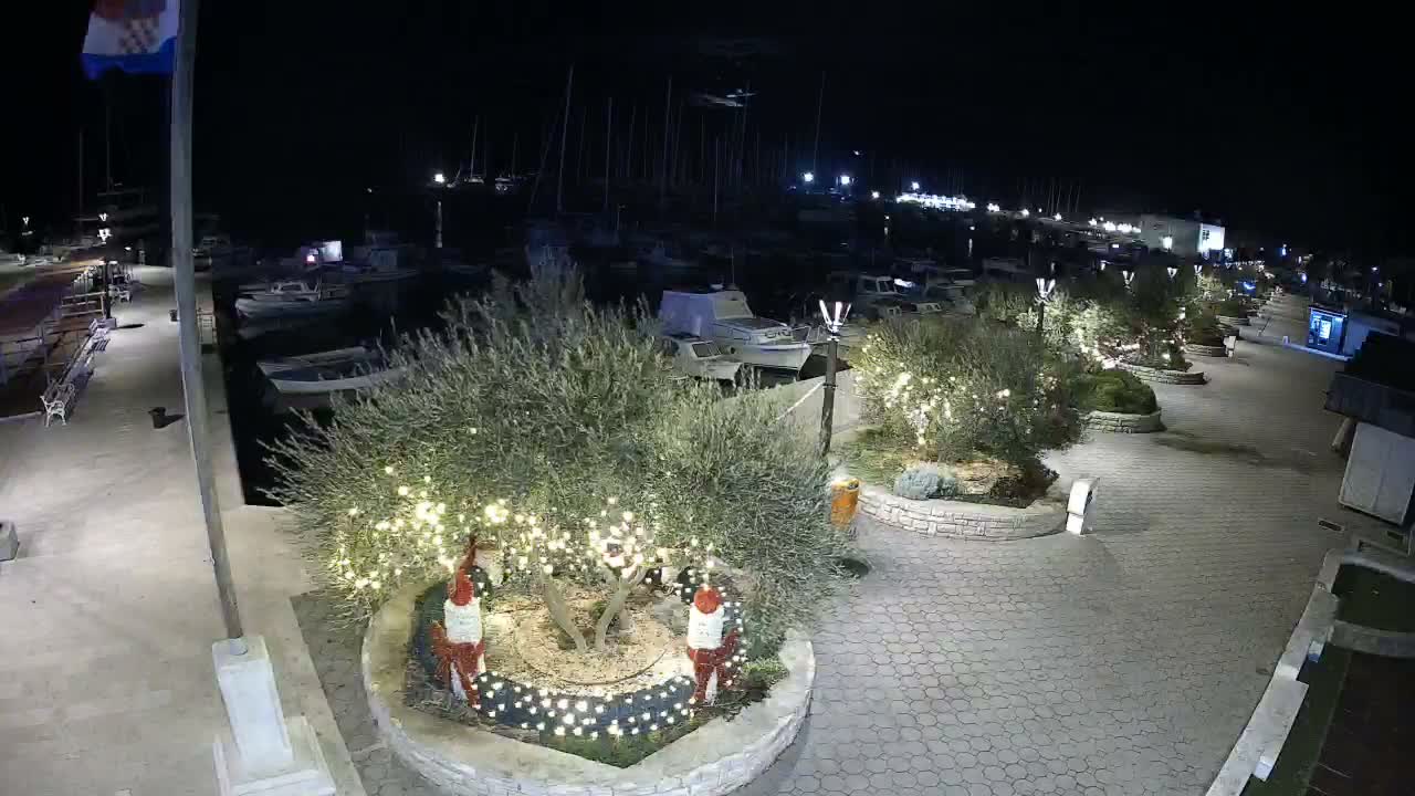 Under a clear night sky, a festive harbor promenade with trees adorned in string lights and gnome figures winds along a marina filled with boats.