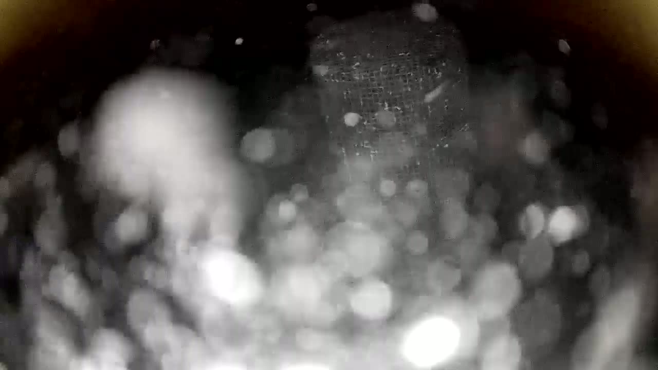 A blurry image shows out-of-focus white and gray shapes against a dark background, resembling steam or snow.