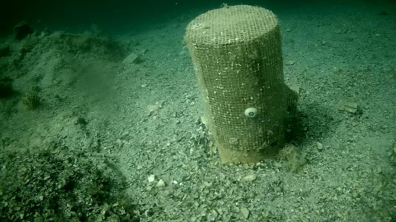 An underwater scene shows a cylindrical object encased in mesh, resting on a dark, gravelly seabed.