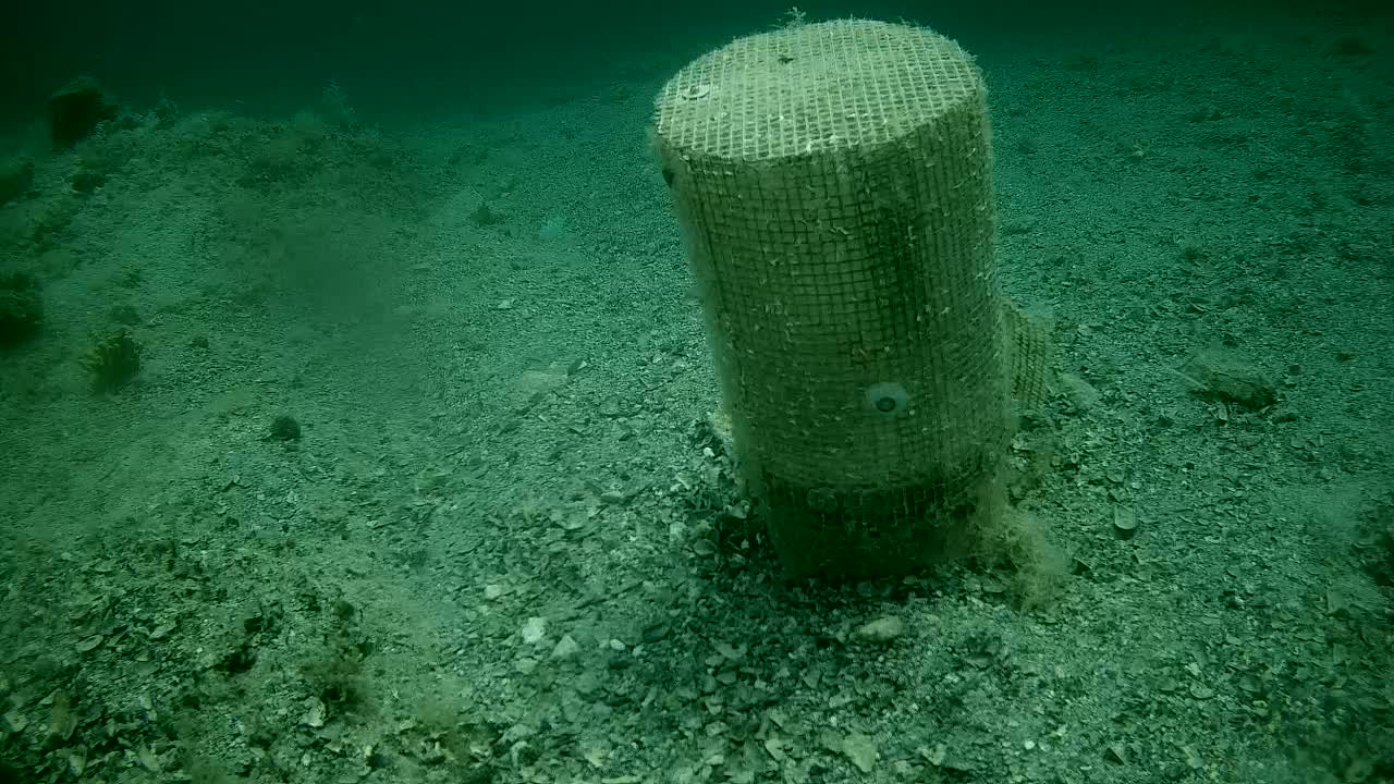 An underwater scene shows a large, cylindrical structure covered in mesh sitting on a seabed of dark, gravelly sediment.