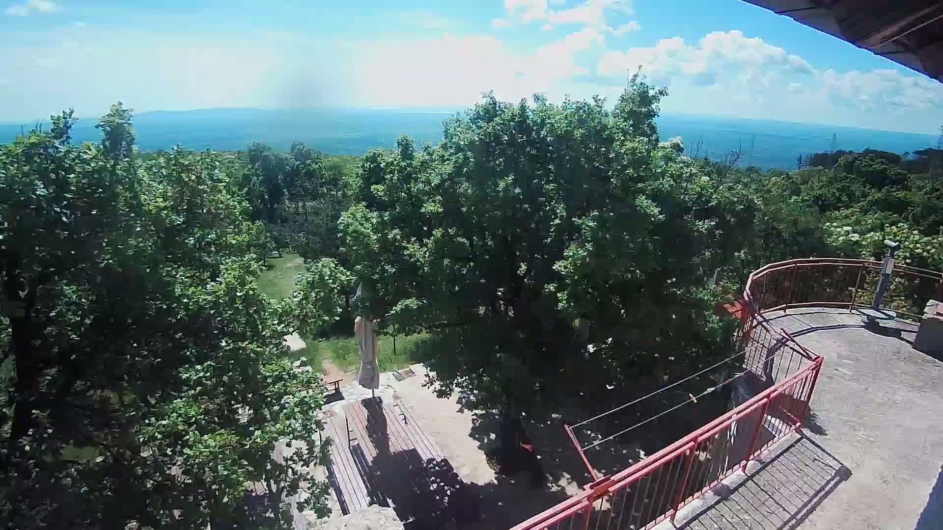 A high-angle view shows a patio with a red railing overlooking a lush green landscape and a distant blue body of water under a mostly sunny sky.