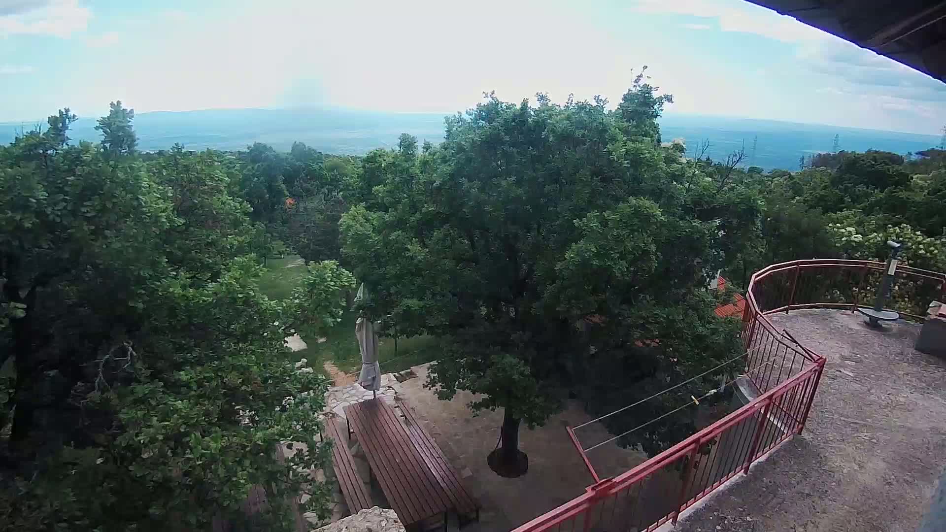 An outdoor scene on a partly cloudy day shows a patio with picnic tables and a large tree, surrounded by lush green trees and a distant view of hazy mountains.