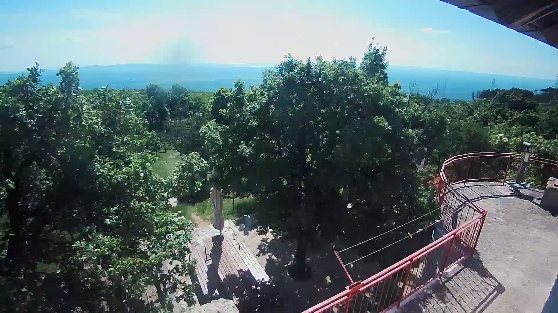 A sunny outdoor scene shows a balcony overlooking a wooded area with a distant view of a calm body of water.