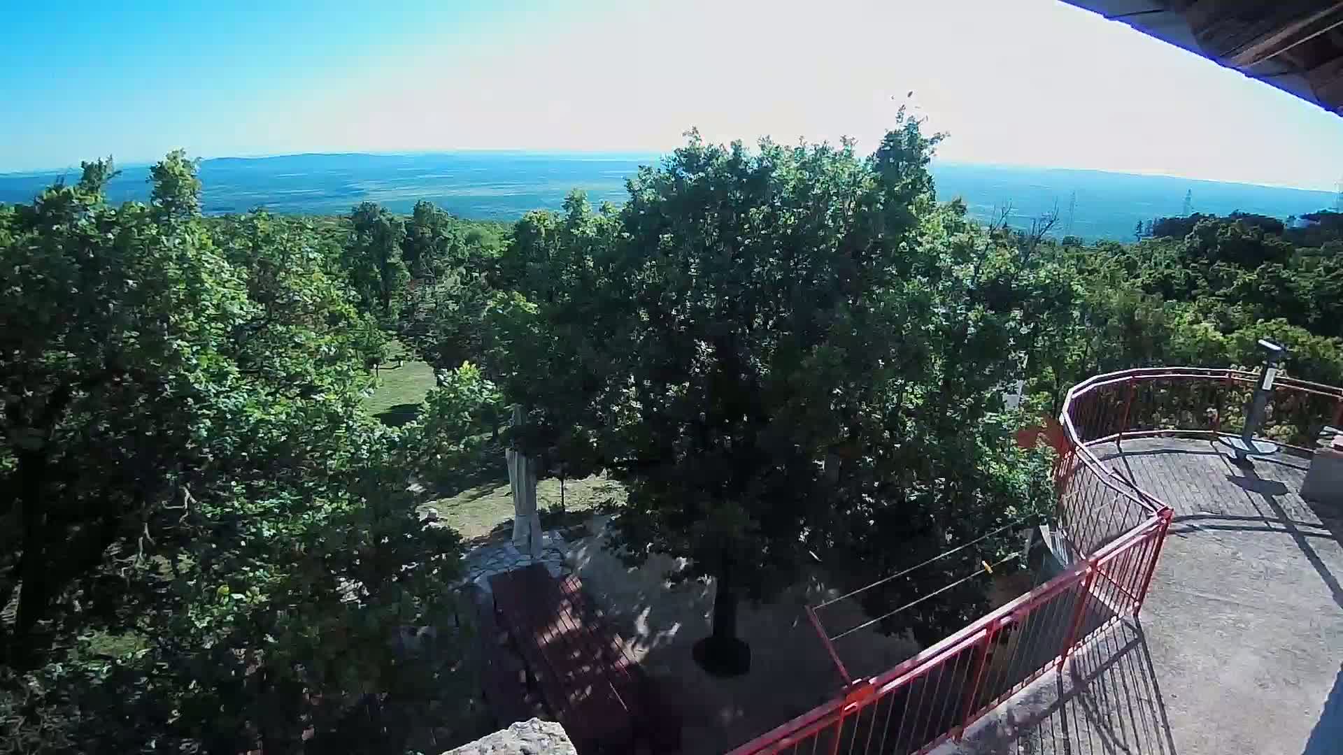 An elevated view of a park-like area with lush green trees and a distant hazy landscape under a clear blue sky.