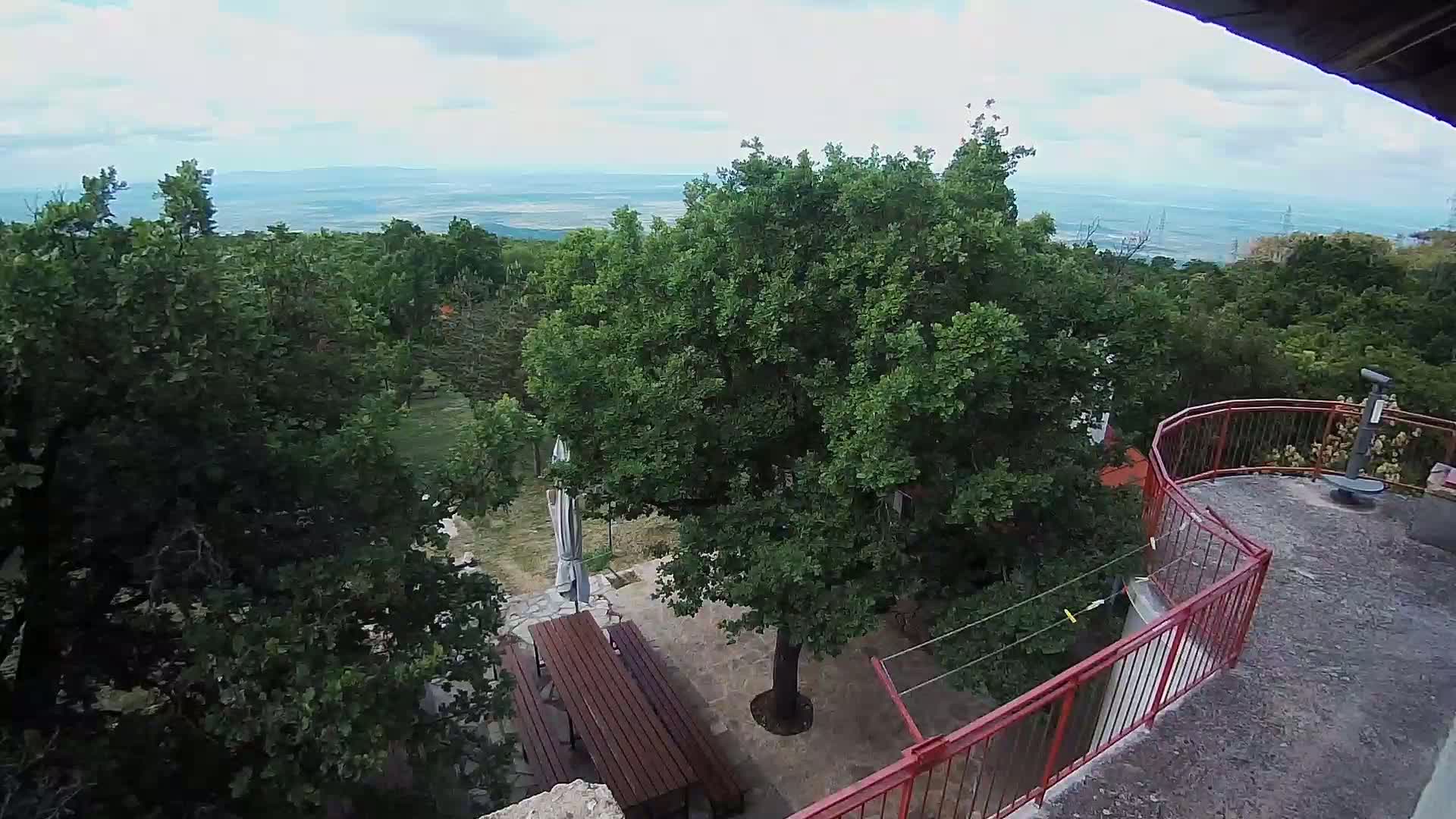 An elevated view shows a patio with a wooden picnic table and umbrella under leafy green trees, overlooking a distant landscape on a partly cloudy day.