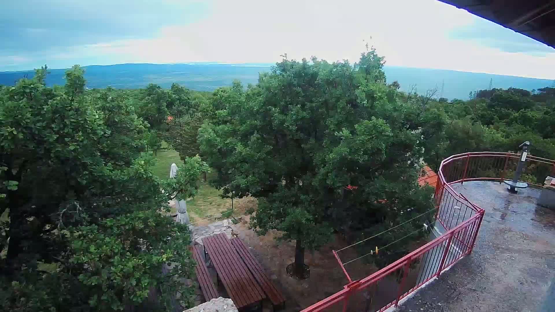 An elevated view shows a wooded area with picnic tables, a large tree, and a red railing on a wet patio overlooking a distant mountain range under a cloudy sky.