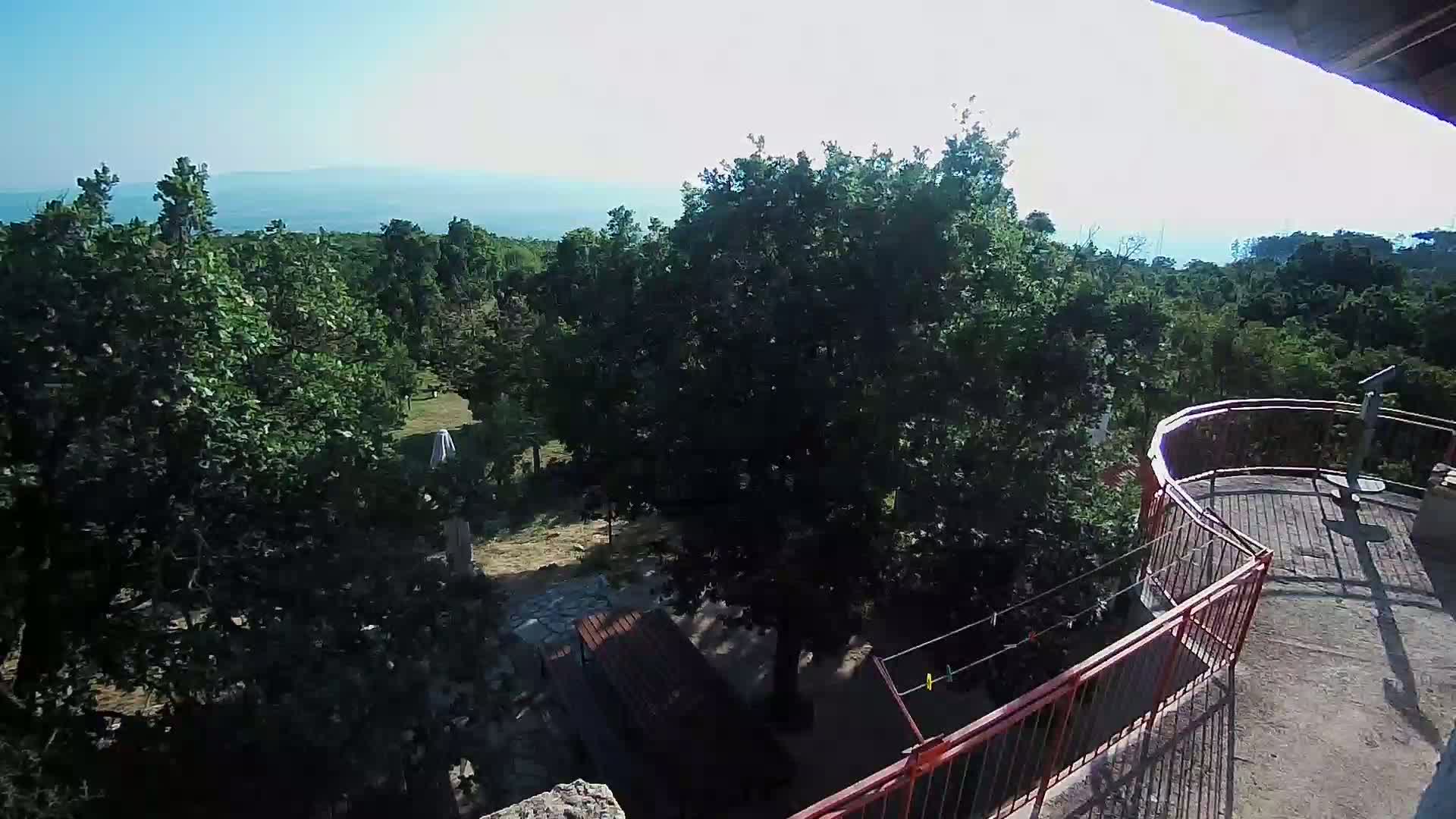 A high-angle view shows a picnic table beneath leafy green trees on a sunny day, with a distant body of water visible beyond a grove of trees and an orange railing surrounding a stone patio.