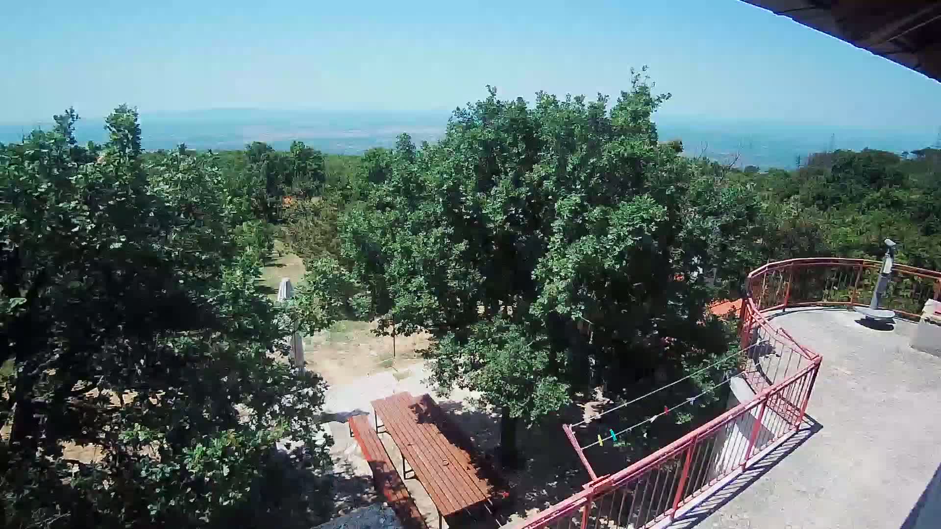 A wooden picnic table sits beneath leafy green trees on a patio with a red railing overlooking a distant body of water under a clear, sunny sky.
