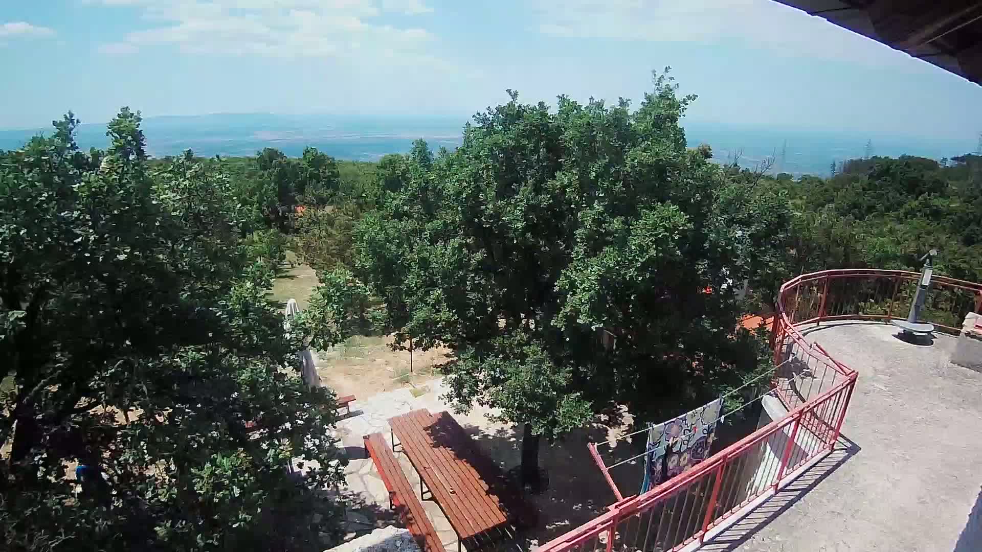 A high-angle view shows a patio with picnic tables surrounded by lush green trees overlooking a calm body of water under a clear, sunny sky.