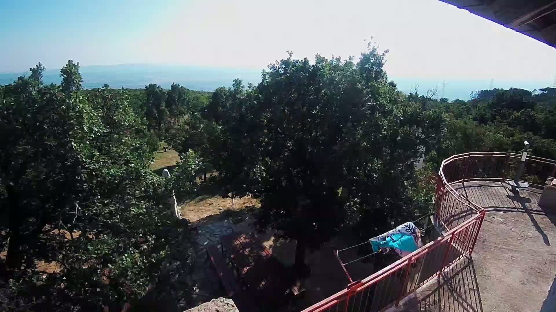A high-angle view from a balcony shows a sun-drenched landscape of lush green trees, a stone patio, and a distant ocean under a clear blue sky.