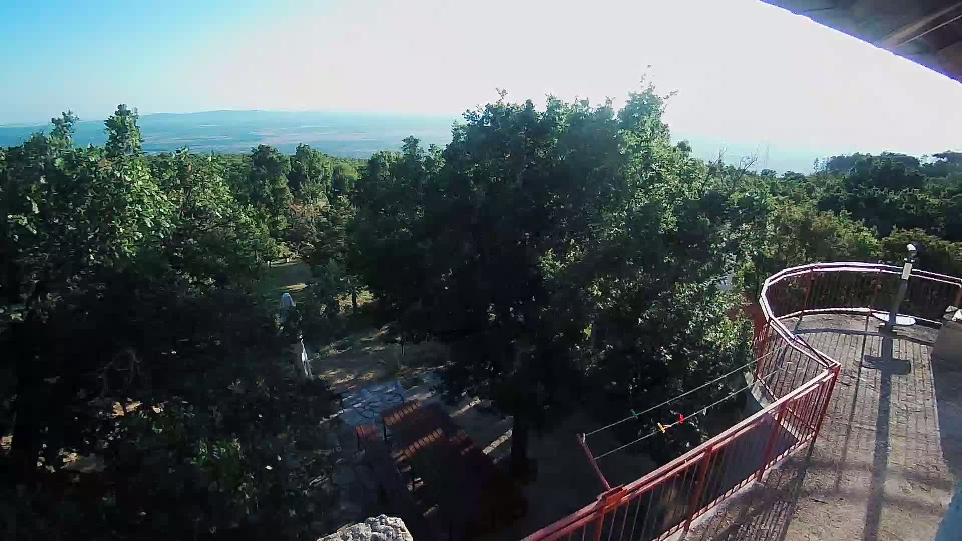 An elevated view shows a patio with picnic tables surrounded by lush green trees, overlooking a distant vista under a clear, sunny sky.
