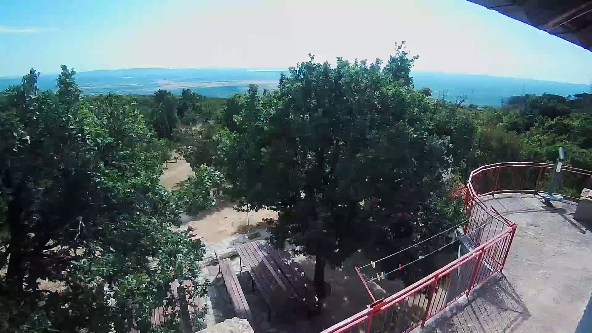 An elevated view shows a picnic table below a red railing on a sunny day overlooking a landscape of green trees and a distant body of water.