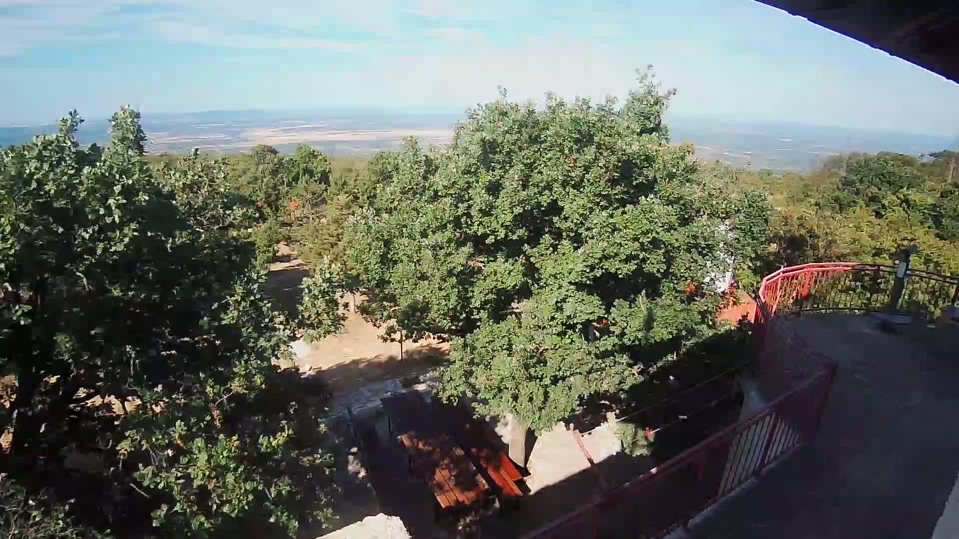 An elevated view shows a picnic table beneath leafy green trees on a sunny day, overlooking a distant, flat expanse of land.